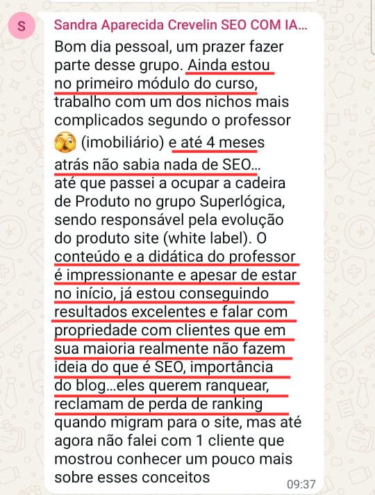 Depoimento Sandra Aparecida Crevelin: resultados excelentes ainda no primeiro módulo do curso, atuando no nicho imobiliário
