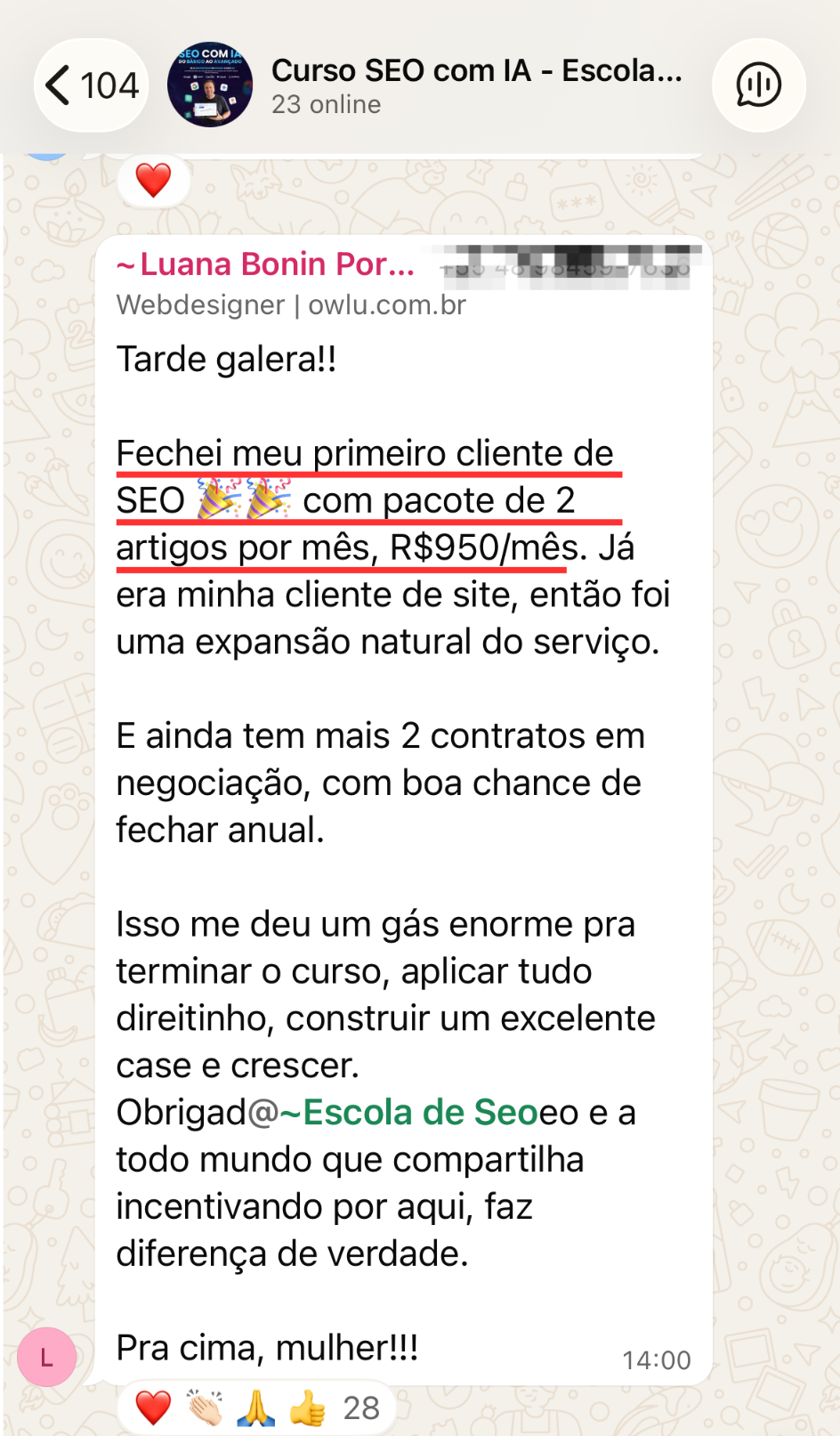 Depoimento Luana Bonin: primeiro cliente de SEO fechado com pacote de R$950/mês