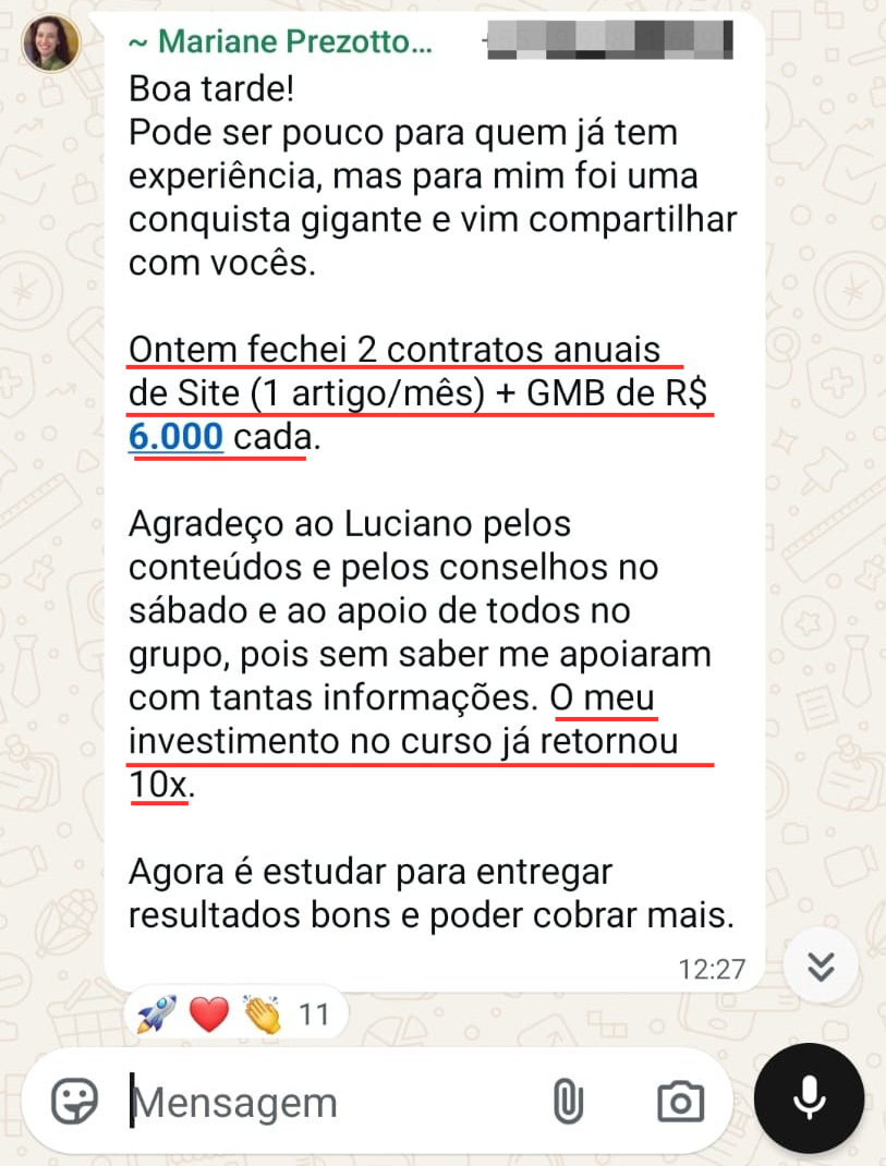 Depoimento Mariane Prezotto: 2 contratos anuais de site + GMB de R$6.000 cada, investimento no curso retornou 10x